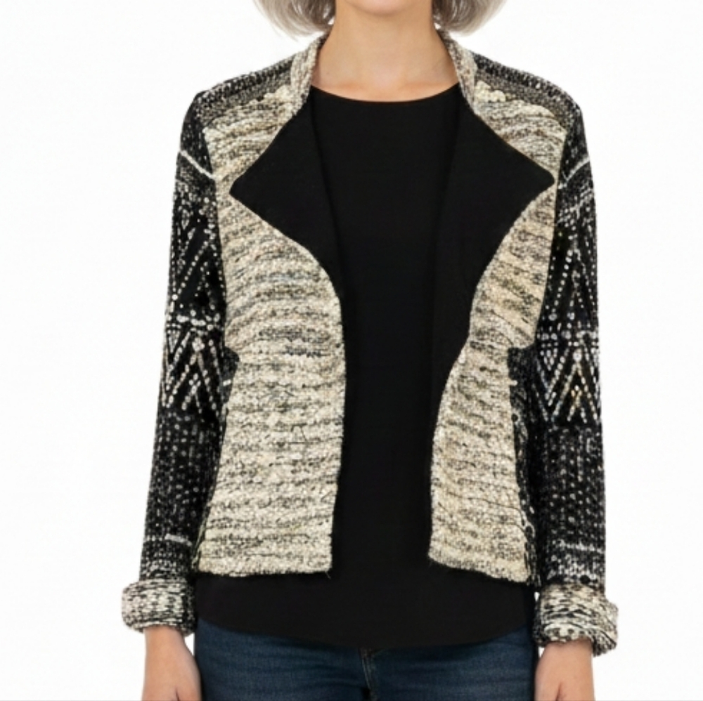 [H&M] Cream & Black Cotton Knit  Long Sleeve Open Cardigan Jacket Women Medium